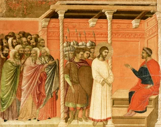 Krisztus Pilátus előtt, a Krisztus szenvedésének és feltámadásának epizódjaiból készült csempe részlete, a Sienai katedrálisban található Duccio-oltár Maesta