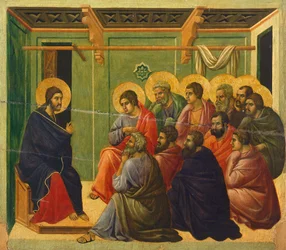 Krisztus el van választva az apostoloktól, részlet a Krisztus szenvedésének és feltámadásának epizódjaiból, a Sienai katedrálisban található Duccio Maesta