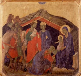 Krisztus élete, a mágusok imádása. Predella of La Maesta (tempera fán