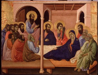 Mária elhagyja az apostolokat. Predella of La Maesta (tempera fán