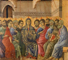 Pünkösd, részlet Krisztus szenvedésének és feltámadásának epizódjaiból, a Sienai katedrálisban található Duccio-oltár Maesta