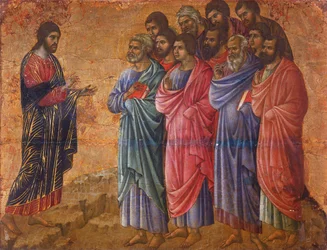 Krisztus megjelenése a hegyen Galileában, részlet Krisztus szenvedésének és feltámadásának epizódjaiból, Duccio di Buoninsegna (kb. 1255 - 1319 előtt) Duccio oltárképének hátlapja a sienai katedrálisban, tempera fán