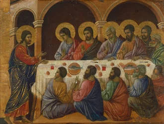 Az utolsó vacsora, részlet a Krisztus szenvedése és feltámadása jelenetei című táblaképből, Duccio Maestà-oltárképének hátoldala a sienai székesegyházban, Duccio di Buoninsegna (kb. 1255 - 1319 előtt) alkotása