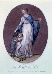 Francia forradalom „” Fraternite”” Allegória a francia rabszolgaság ellen, ahol különböző színű gyerekek csókolják egymást. R. Duchemin nyomatai (18. vagy 19. század) Párizs, Musee Carnavalet