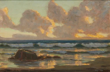 Hullámtörés, naplemente (olaj, vászon)