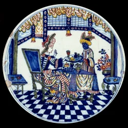 Delfti porcelántányér, amely egy asztalnál ülő nőt ábrázol, akit fekete szolgája szolgál ki. 1705, Sèvres, Nemzeti Kerámiamúzeum