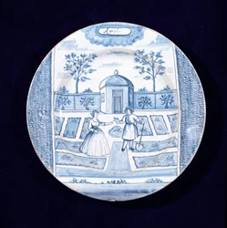 Delftware tányér április hónapot ábrázolva (ónmázas cserépedény)