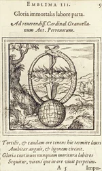A halhatatlan munka dicsősége nyert, Adrianus Junius illusztrációja az Emblemata-ból, kiadó: Christophe Plantin, Anvers, 1565