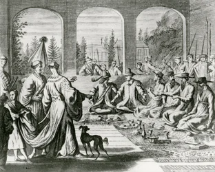 Jezsuiták holland és portugál kereskedőkkel a japán udvarban, 1670 körül (metszet)