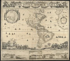 Amerika térképe, Nova totius Americae Table, [kilátással] Panama, Caput S. Augustini, New Amsterdam, S. Saviour, Name D. God. Rajzolta: Mathysz J.