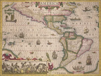 Amerika térképe, a Mercator-atlaszból, kiadta Jodocus Hondius (1563-1612), Amszterdam, 1606