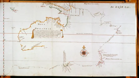 Új-Hollandia (ma Ausztrália) és Új-Zéland térképe Abel Janszoon Tasman (1603-1659) és Willem Janszoon (1570-1630) utazásai során gyűjtött információk alapján