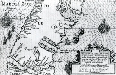 A Magellán-szoros térképe, Oliver van Noorts táblája utazásának leírása, 1602