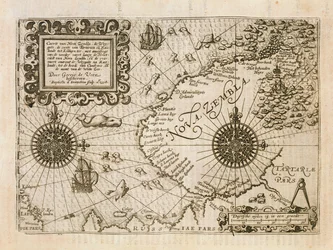 Az újonnan felfedezett Nova Zembla térképe, a Diarium Nauticum illusztrációja, vagy három csodálatra méltó utazás valódi leírása...