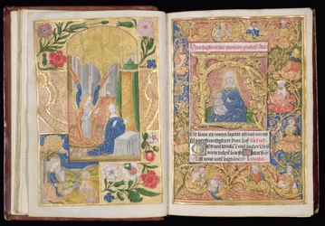 Ms 144, ff.13v-14r: Az Angyali üdvözlet és a Szűz és a gyermek, miniatúrák egy Órakönyvből, Utrecht használata, 1500-20 körül (arany levél, arany és színes tinták pergamenen)