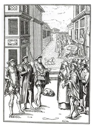 Town Crier eladása, Joos de Damhouder (1507-81) fametszete nyomán a Praxis Rerum Civiliumban, Antwerpen, 1557