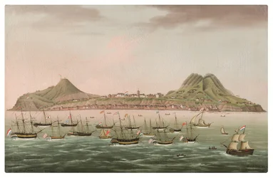 Sint Eustatius in the Dutch Antilles, with West Indiamen massed in the road off Oranjestad (oil on canvas)