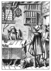 Az adóbeszedő Joos de Damhouder (1507-81) fametszete nyomán a Praxis Rerum Civiliumban Antwerpenben, 1557-ben