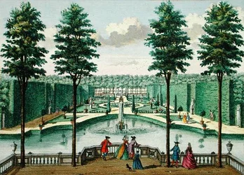 Kilátás a kertre a házból, Watervliet, Her Zeganplant Kennemerland, Hendrik de Leth és Matthias Brouerius Van Nidek, kiadva 1700-1730 körül (lásd még: 172308, 1723)