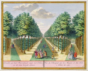 Kilátás a házhoz vezető erdőre és a két oldalsó sugárútra, a Watervlietre, a Het Zegen Pralent Kennemerlandból, Hendrik de Leth és Matthias Brouerius Van Nidek, megjelent 1700-1730 körül