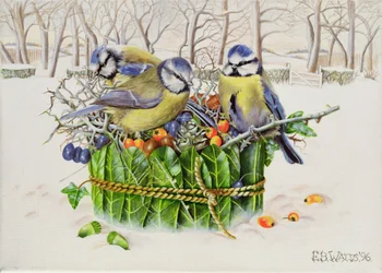 Blue Tits in Leaf Nest, 1996 (akril, vászon)