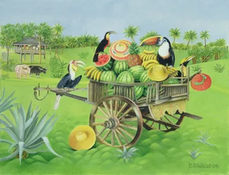 Tukánok és görögdinnyék régi thai kocsiban, 2004 (olaj, vászon)