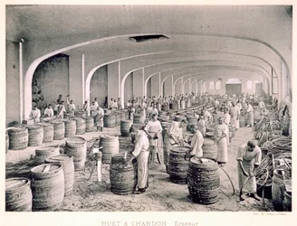 A hordók építése, a „Le France Vinicole”, kocsma. Írta: Moet und Chandon, Epernay (photolith)