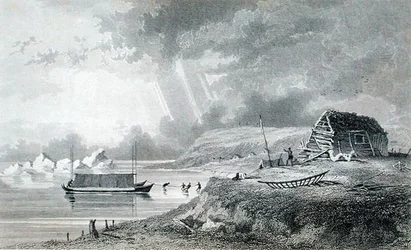Eskimaux téli ház az Atkinson-szigeten, július 13., "Elbeszélés egy második expedícióról a Sarki-tenger partjaira az 1825-27-es években", Sir John Franklin (1786-1847) vésette Edward Finden (1791-1857) megjelent 1828 (metszet)