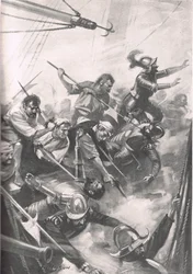 Az angolok visszaszorítják a spanyolokat San Juan de Uluában, illusztráció a „British Battles on szárazföldön és tengeren” című könyvből, kiadó: Cassell, London, 1915 körül