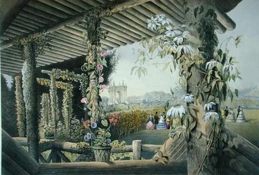 Kilátás a rusztikus székről, Shrublands, a Gardens of Englandből, 1857-ben (színes litó)