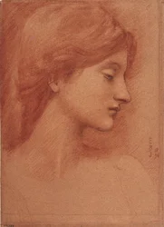 Női fej – Dessin, Sir Edward Coley Burne Jones (Burne-Jones) (1833-1898) – 1894 – Szangvinikus és kréta papíron – 38,4x27,7 – Catalunya Nemzeti Múzeum, Barcelona
