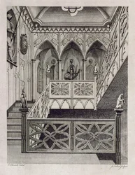 Lépcső a Strawberry Hillben, J. Newton metszete, Horace Walpole „Description of Strawberry Hill” című művéből, 1784