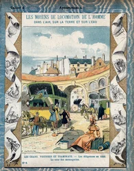 Diligence en 1840 - la cour des messageries - Stagecoach 1840-ben - Tankönyvek védőhüvelyéből, 19. század vége - E. Letellier illusztrációja - Protege notebook historique, fin 19. század -