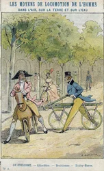 Velocipedes - Angol celerifere - Draisienne, a kerékpár őse - Védőhüvely tankönyvekhez, 19. század vége - E Letellier illusztrációja - Celerifere - Draisienne - Hobbiló (Nobby Horse) - Protect notebook historique, fin 19t