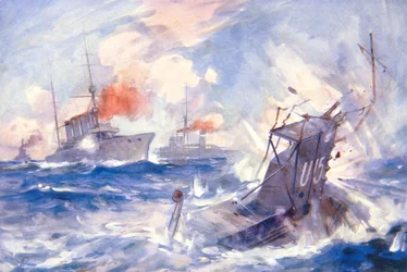 Az U15 német tengeralattjáró elsüllyesztése a HMS Birmingham által (színes litográfia)
