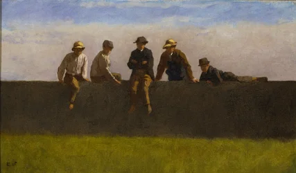 Öt fiú a falon, 1875-1880 körül (olaj kompozíciós táblán)
