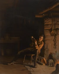 Lincoln gyermekkora. (Egy este a faházban.), 1868 (kromolitográfia papírra, kartonra)