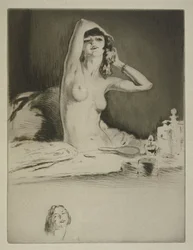 Egy nő a vécéjénél, illusztrációja Sidonie-Gabrielle Colette (1873-1954) „Mitsou”-jához, 1930-ban (rézkarc és szárazhús)
