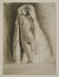 Egy lepedőbe terített nő, Sidonie-Gabrielle Colette (1873-1954) „Mitsou” című művéhez, 1930-ban megjelent (rézkarc és szárazhús)