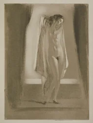 Egy nő kiszáll a fürdőből, Sidonie-Gabrielle Colette (1873-1954) 1930-ban megjelent „Mitsou” című illusztrációja (rézkarc és szárazhús)