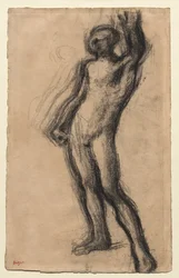 Meztelen férfi áll, felemelt bal kézzel, c. 1900.
