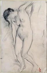 Tanulmány meztelen nőről, aki a „scene de guerre au mediumage” kifejezést jelöli. Edgar Degas (1834-1917) rajza, 1863-1865 körül. Méret: 0,35 X 0,22 m. Párizs, Musee d