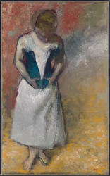 Elölről álló, fűzőjét összefogó nő, 1883