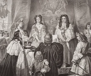 A korona, amelyet a Lords and Commons felajánlott Vilmosnak és Máriának a Whitehallban, 1689. február 12-én, az „Illustrations of English and Scottish History” II.