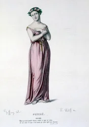 Psyche karaktere a Psyche, Moliere et Corneille - Teljes Színház című tragikomédia-balettben: (Corneille-darabok gyűjteménye) Geffroy rajza, L. Wolff metszete - szerk. Laplace, Sanchez et Cie, Párizs 1884