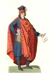 A nép képviselőjének jelmeze, Franciaország 18. század, korabeli metszet után - Litográfia Edmond Lechevallier-Chevignard (1825-1902) illusztrációja alapján, a „Costumes historique des 16e” c.