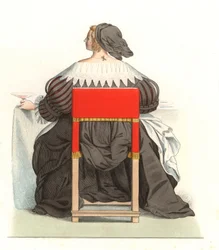 Francia nő, 17. század, Abraham Bosse (1602-1676) metszetéből - Litográfia Edmond Lechevallier-Chevignard (1825-1902) illusztrációjából, a „Costumes historiques des 16th” c.