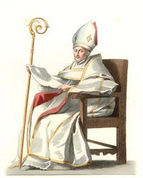 Spanyol Eveque 16. század, Bartolome Murillo (1617-1682) festménye alapján - Litográfia Edmond Lechevallier-Chevignard (1825-1902) illusztrációján, a „Costumes historiques des 16th” c.