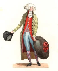 Fiatal francia férfi a 18. század divatjában – Litográfia Edmond Lechevallier-Chevignard (1825-1902) illusztrációján, a „Costumes historiques des 16th” c.