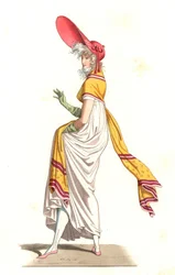 Fiatal francia nő a 18. századi csodák divatja szerint öltözve, Carle Vernet (1758-1836) festménye nyomán – Litográfia Edmond Lechevallier-Chevignard (1825-1902) illusztrációja után, a „Costumes historiques des 16th” c.